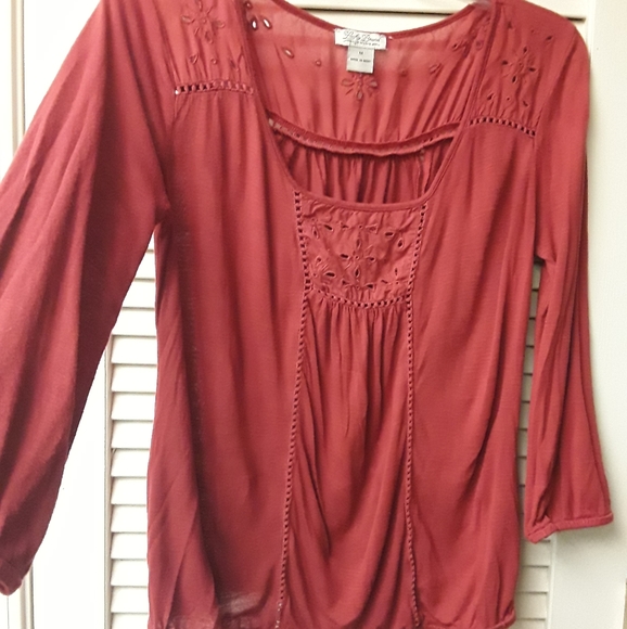 Orange Rust Eyelet Peasant Boho Top M Lucky - Picture 1 of 5